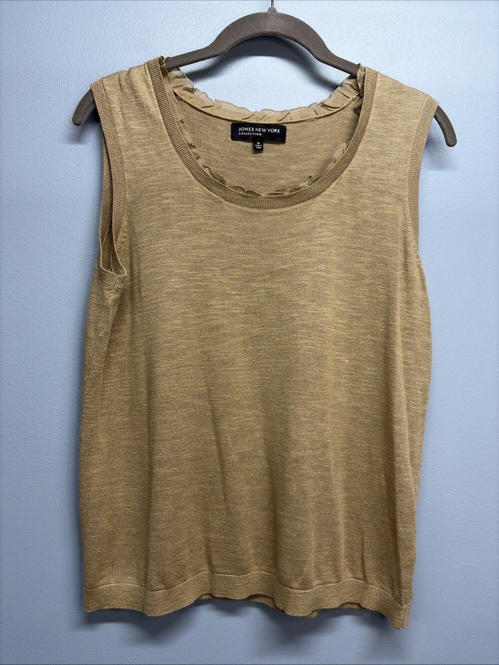 Jones NY -Medium Gold Sleeveless Blouse -Rib Knit Trim/Ruffle Collar/Linen Blend